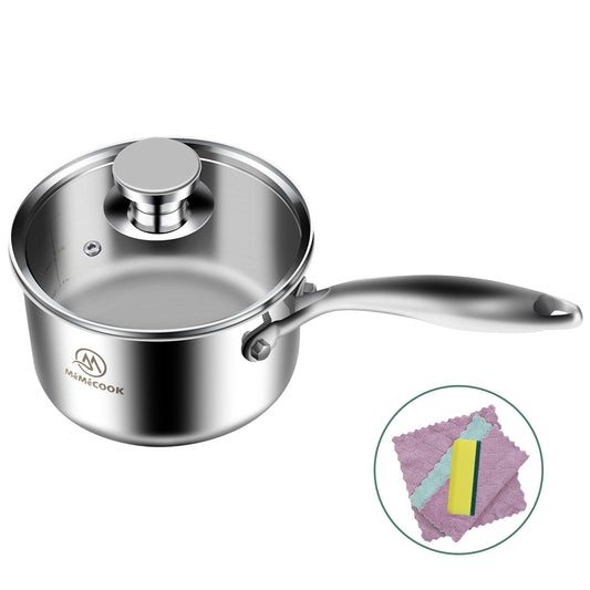 Small Saucepan, Stainless Steel Pot With Glass Lid, 18/8 Food Grade Stainless Steel, Scratch Resistant Induction Pot, Dishwasher Safe & Oven Safe (Tri-Ply Full Body, 2 Quart)…